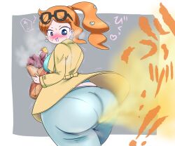 ass big_ass big_butt blush coat_lift cute embarrassed eyewear_on_head fart fart_fetish farting fat_butt game_freak gassy jeans looking_back looking_down nintendo orange_hair pokemon pokemon_ss smell smelly smelly_ass sonia_(pokemon) steam stinky sweet_potato tight_jeans