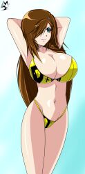 1girls armpits arms_behind_head big_breasts bikini breasts brown_hair busty cellshadfan character_request hair_over_one_eye large_breasts legs lipstick makeup navel pink_lips pose smile solo swimsuit thighs voluptuous yellow_bikini