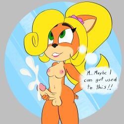 absurd_res activision anthro balls bandicoot blonde_hair bodily_fluids breasts coco_bandicoot crash_(series) cum ejaculation futanari genital_fluids genitals grin gynomorph hair hand_on_hip hi_res intersex looking_pleasured mammal marsupial masturbation nude penis ponytail shadowthespirit simple_background smile solo video_games