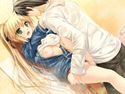 alpha_(yukai_na_nakamatachi) arisa_crain_femiluna arms_around_neck bathroom black_pants black_ribbon blonde_hair blue_jacket breast_grab breasts brown_hair buruma buruma_aside censored clothed_sex clothes_lift clothing_aside game_cg grabbing green_eyes gym_uniform hair_ribbon hand_under_clothes indoors jacket kuroda_yuuki long_hair long_sleeves looking_at_another medium_breasts mosaic_censoring nipples open_clothes open_jacket pants partially_unzipped penis ponytail red_buruma ribbon sex shirt shirt_lift short_hair straight vaginal_penetration very_long_hair w.l.o_sekai_ren'ai_kikou w.l.o_sekai_renai_kikou wet wet_clothes wet_shirt white_shirt