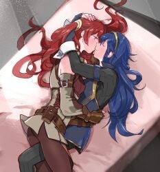 2girls absurdres bad_id bad_twitter_id bed blue_hair blush brown_gloves closed_eyes clothed_female commentary commission couple detached_sleeves english_commentary female_only fingerless_gloves fire_emblem fire_emblem_awakening from_above gloves hairband hand_on_head higher_resolution_available highres hug hugging kiss kissing kohiu lesbian light_blush long_hair looking_at_another lucina_(fire_emblem) lying lying_on_bed multiple_girls on_side pantyhose red_hair severa_(fire_emblem) smile source_larger source_request twintails very_long_hair wholesome yuri