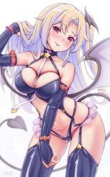 1girls alternate_breast_size azur_lane bat_wings blonde_hair bondage_outfit breasts bridal_gauntlets cleveland_(azur_lane) cowboy_shot demon_girl demon_horns demon_tail demon_wings dominatrix female female_only harness heart heart_tattoo highres horns looking_at_viewer low_wings medium_breasts navel one_side_up ponytail pubic_tattoo red_eyes solo succubus succubus_tail succubus_tattoo succubus_wings tail tattoo wings yuki_shizuku