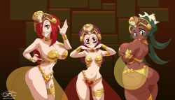 3girls alternate_costume ass belly_dance belly_dancer belly_dancer_outfit big_ass black_hair breasts carol_(skullgirls) chubby cosplay dancer_shantae dark_skin epictones fukua_(skullgirls) gem green_eyes green_hair hardtones harem_outfit jewelry large_breasts long_hair looking_at_viewer metal_bikini multiple_girls painwheel parasoul red_eyes red_hair revealing_clothes shamone_(skullgirls) shantae short_hair skullgirls small_breasts smooth_skin tiara yellow_eyes