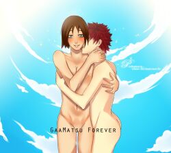 1boy 1boy1girl 1girls ass blue_sky blush breasts brown_eyes brown_hair clouds commentary embrace embracing faceless_male gaara hug hugging licking licking_neck long_hair male/female matsuri_(naruto) naked naruto naruto_(series) naruto_shippuden pussy red_hair smile standing standing_sex straight sunlight text