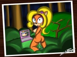 activision anthro ass bandicoot big_breasts bodily_fluids breasts caught_masturbating coco_bandicoot computer crash_(series) electronics female flower forest genital_fluids hi_res kneeling laptop large_breasts looking_at_porn looking_back mammal marsupial masturbation nude photo plant pornography pussy_juice rear_view shadowthespirit shocked solo tree video_games