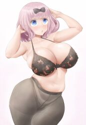 1girls 2d anosluz blue_eyes bow bra breasts bursting_breasts cleavage female female_only fujiwara_chika hairbow hi_res huge_breasts kaguya-sama_wa_kokurasetai_~tensai-tachi_no_renai_zunousen~ large_breasts overflowing_breasts pink_hair skindentation slightly_chubby solo thick_thighs white_background wide_hips