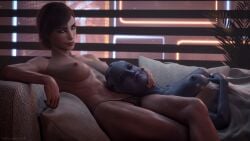 2girls 3d 3d_(artwork) 4k abs alien alien_girl asari athletic athletic_female bioware blender blender_(software) blue_body blue_skin breasts ceeeeekc commander_shepard cute fanart female female_only femshep green_eyes human indoors liara_t'soni mass_effect mass_effect_2 mass_effect_3 mostly_nude muscular muscular_female panties red_hair scales wholesome yuri