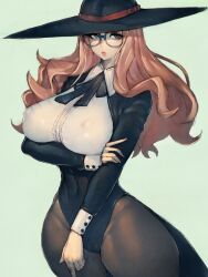 1girls big_breasts breasts clothing female female_focus female_only fully_clothed fumio_(rsqkr) glasses hat leotard long_hair looking_at_another milf nipple_bulge pantyhose spy_x_family standing sylvia_sherwood thick_thighs wide_hips