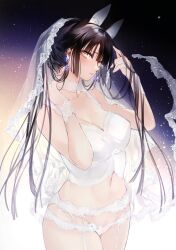 animal_ears black_hair bridal_veil bride bustier cameltoe choker cleavage earrings female female_only fox_ears fox_girl garter_belt garter_straps jewelry kemonomimi kitsune lace lace_trim lingerie long_hair original panties see-through_panties solo veil wedding_lingerie white_panties yellow_eyes yukibuster