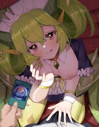 absurdres apron bakomiya blush breasts bulge dragon_girl dragon_horns dragon_maid_archetype dragon_tail dragonmaid_series_(yu-gi-oh!) duel_monster erection erection_under_clothes female green_hair hair_rings hand_on_another's_penis heart heart-shaped_pupils highres horns hypnosis kneeling large_breasts looking_at_viewer maid maid_apron maid_headdress mind_control nipples parlor_dragonmaid pov puffy_short_sleeves puffy_sleeves short_sleeves symbol-shaped_pupils tail tongue tongue_out twintails wrist_cuffs yellow_legwear yu-gi-oh!