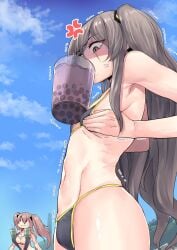 2girls anger_vein bangs between_breasts bikini black_bikini black_swimsuit blue_sky breast_envy breast_squeeze breasts brown_eyes brown_hair bubble_tea bubble_tea_challenge chung_cthemax cloud day eyebrows_visible_through_hair flat_chest girls'_frontline grey_hair hair_between_eyes hair_ornament hairclip highres large_breasts long_hair looking_down multiple_girls one_side_up outdoors scar scar_across_eye scar_on_face shaded_face shiny shiny_skin sky slingshot_swimsuit smile swimsuit tearing_up trembling twintails ump45_(girls'_frontline) ump9_(girls'_frontline)