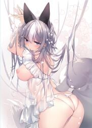 animal_ears arched_back big_ass big_breasts blue_eyes breasts_out crotch_cutout crotchless crotchless_panties female female_only fox_ears fox_girl fox_tail frills hairbow kemonomimi kitsune lingerie long_hair looking_at_viewer looking_back negligee nightgown no_bra original panties see-through_clothing sideboob silver_hair solo tail white_panties yukibuster