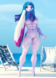 3d_(artwork) abs absurd_res anthro beach blue_hair cutie_mark dashie116 digital_media_(artwork) equid equine feet female genitals hair half-closed_eyes hasbro hi_res horn izzy_moonbow_(mlp) mammal mlp_g5 muscular muscular_anthro muscular_female my_little_pony narrowed_eyes navel nipples nude purple_body purple_nipples pussy sea seaside solo standing surfboard unicorn water