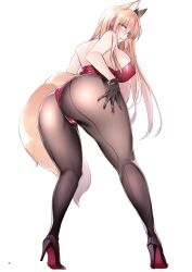 animal_ears ass_focus bent_over big_ass big_breasts black_gloves blowjob blush earrings female female_only fox_ears fox_girl fox_tail full_body gloves hairbow high_heels kemonomimi kitsune leotard long_hair looking_at_viewer looking_back original pantyhose presenting presenting_hindquarters rear_view red_leotard shizu-chan sideboob solo standing tail yellow_eyes yukibuster