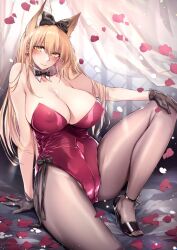 animal_ears big_breasts black_gloves blonde_hair blush bowtie bunnysuit cameltoe cleavage detached_collar earrings fox_ears fox_girl gloves hairbow high_heels kemonomimi kitsune leotard long_hair looking_at_viewer nipple_bulge original pantyhose petals red_leotard sheer_legwear shizu-chan sitting slit_pupils smile yellow_eyes yukibuster