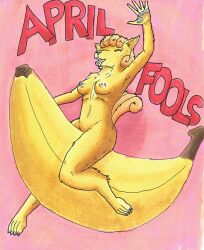 absurd_res anthro april_fools banana breasts canid canine female food fox fruit happy hi_res ingrid mammal nintendo nipples nude nyghtmar3 plant pokémon_(species) pokémorph pokemon riding shiny_pokemon shiny_vulpix smile solo tongue tongue_out traditional_media_(artwork) video_games waving_hand