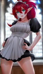 1girls absurd_res aqua_eyes breasts elf elf_ears elves female female_only kirani long_hair looking_at_viewer maid maid_headdress maid_uniform pointy_ears pose red_hair smiling smiling_at_viewer solo solo_female