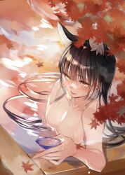 alcohol animal_ears bath bathing big_breasts black_hair blush cleavage completely_nude fangs female female_only fox_ears fox_girl kemonomimi kitsune long_hair looking_at_viewer nude onsen original partially_submerged sake slit_pupils smile solo wet_skin yellow_eyes yukibuster