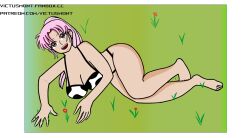 bare_arms bare_legs bare_shoulders bare_thighs barefoot big_ass big_breasts brown_eyes cow_bikini cow_print dragon_quest dragon_quest_dai_no_daibouken female fingernails flower grass grass_field hands_on_ground hourglass_figure large_breasts legs_crossed light-skinned_female lying_on_ground lying_on_side maam open_mouth pink_hair ponytail smiling sole_female swimsuit thick_ass thick_thighs victusmont voluptuous wide_hips