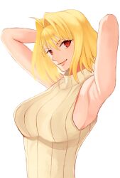 1girls ahoge arcueid_brunestud armpit armpit_fetish arms_behind_head arms_up big_breasts blonde_hair busty female female_only hair_intakes hands_behind_head large_breasts looking_at_viewer medium_hair natsushima_memo pose posing red_eyes ribbed_sweater seductive seductive_smile sensual sideboob sleeveless sleeves smile solo tsukihime turtleneck turtleneck_sweater type-moon upper_body