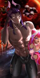 abs big_breasts breasts bubi buff bulge bulge_through_clothing carrying carrying_partner cleavage cubeskar dark-skinned_male dark_nipples dark_skin holding_partner horns ironmouse light-skinned_female light_skin male_focus nipples pink_hair purple_eyes shirtless sweat sweatdrop sweating tan_skin topless topless_male torn_clothes virtual_youtuber vshojo