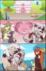 amber_(fuf) ambiguous_gender animal_genitalia balls brown_eyes chansey closed_eyes closed_smile comic detailed_background eeveelution female feral fishing fishing_rod fuf genitals glaceon group heart hi_res human jolteon kyra_(fuf) liam_(fuf) lycanroc male mammal midnight_lycanroc nintendo open_mouth open_smile page_131 pink_eyes pokemon pokemon_(species) rattata red_eyes rita_(fuf) ruffy_(fuf) sandshrew scratchy_(fuf) servine sheath smile steele_(fuf) subscribestar_username video_games yellow_eyes