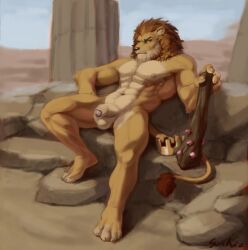 angry anthro balls club_(weapon) crown felid foreskin genitals hair hi_res lion male mammal mane mane_hair melee_weapon muscular nude outside pantherine penis solo sunhuiz weapon