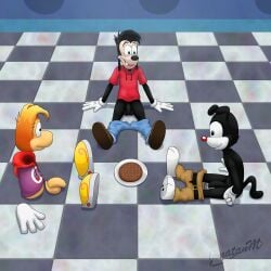 1:1 animaniacs anthro balls bathroom biscuit_(food) black_body bread canid canine canis clothed clothing comparing comparing_penis crossover detachable detachable_penis detailed_background digital_media_(artwork) disney domestic_dog feet flaccid food foreskin fur genitals gloves goof_troop group hair handwear hi_res humanoid_genitalia humanoid_penis inkblot jonatanm long_foreskin male male_only mammal max_goof open_mouth penis public_restroom rayman rayman_(series) raypeople_(rayman) sitting smile toes ubisoft unretracted_foreskin video_games warner_brothers watermark yakko_warner