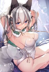 animal_ears armpits arms_up blue_eyes blush cape capelet cleavage earrings female female_only fox_ears fox_girl fox_tail fur_trim hairbow high-angle_view kemonomimi kitsune leotard long_hair looking_at_viewer medium_breasts nipples_visible_through_clothing original silver_hair sitting smile solo tail white_leotard yukibuster