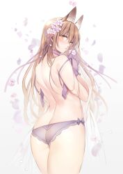 animal_ears ass_cleavage blonde_hair blush bra butt_crack choker female female_only flower_in_hair fox_ears fox_girl gloves hair_ribbon kemonomimi kitsune lace-trimmed_panties long_hair looking_at_viewer looking_back original panties purple_bra purple_panties rear_view see-through_panties shizu-chan slit_pupils solo undressing unhooked_bra yellow_eyes yukibuster