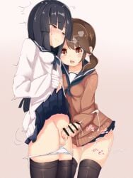 1futa 1girls analog_kenshi_(moto) black_hair brown_eyes brown_hair censored clothes_lift cum ejaculation erection female fully_clothed futa_on_female futanari handjob hatsuyuki_(kantai_collection) highres incest kantai_collection long_hair mostly_clothed orgasm panties panties_around_thighs penis shirayuki_(kantai_collection) siblings sisters skirt skirt_lift standing sweat sweater tears testicles thighhighs underwear