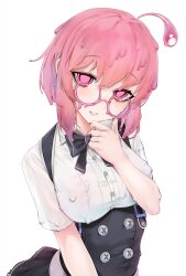 1girls bow buttons dress eyebrows_visible_through_hair glasses hand_to_chin highres large_breasts looking_at_viewer matching_hair/eyes melting_clothes ompf pink_eyes pink_hair sae_(vtuber) slime slime_clothing slime_girl smile solo_female virtual_youtuber white_background