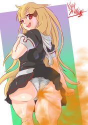 1girls big_ass big_butt black_skirt blonde_hair character_request copyright_request fart fart_cloud fart_fetish farting looking_back open_mouth panties pervdarkling_(artist) rear_view red_eyes skirt smile solo_female thick_thighs white_panties