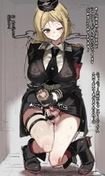 1futa absurdres akitaka_takaaki armband big_breasts big_penis black_gloves black_jacket black_legwear black_necktie blonde_hair blush boots bottle breasts brown_eyes closed_mouth clothed clothing collared_shirt cum cum_in_container ejaculation erection full_body futa_only futanari futanari_masturbation garrison_cap girls'_frontline gloves hat highres jacket kneeling large_breasts light-skinned_futanari light_skin long_sleeves masturbation military military_uniform mostly_clothed mp40_(girls'_frontline) necktie one_eye_closed orgasm penis shirt short_hair solo testicles thigh_strap translation_request uncensored uniform white_shirt