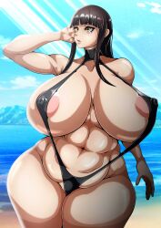 1girls abs beach big_breasts breasts brown_hair curvaceous curvy curvy_body curvy_female curvy_figure female female_focus female_only girls_und_panzer huge_breasts long_hair milf mojihe nishizumi_shiho skimpy skimpy_bikini sling_bikini solo solo_female thighs venus_body voluptuous