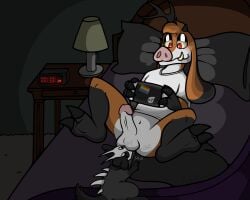 anal anthro anthro_on_feral bed bones_(furtherafterdark) canid canine casual_sex chimera clothed clothing duo duo_focus erection feral floppy_ears furniture furtherafterdark game_console genitals group hi_res humanoid_genitalia humanoid_penis licking lying male male/male mammal nintendo nintendo_switch on_back onomatopoeia oral partially_clothed penis pig_nose rimming sawyer_(furtherafterdark) sex skulldog_(species) sound_effects spread_legs spreading switch_console text tongue tongue_out tusks video_games zoophilia