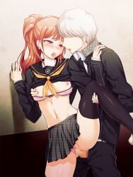 1boy 1girls another_story blush bra brown_hair censored clothed_male female grey_hair kujikawa_rise looking_pleasured male male/female narukami_yu panties partially_clothed persona persona_4 school_uniform seta_souji skirt vaginal_penetration