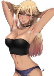 armpits arms_up bare_arms black_choker blonde_hair blush breasts choker cleavage dark-skinned_female dark_skin female gyaru highres kitagawa_marin long_hair multicolored_hair navel piercing pink_hair red_eyes sharp_teeth smile solo sono_bisque_doll_wa_koi_wo_suru strapless sweat teeth tongue tongue_out tongue_piercing xtermination