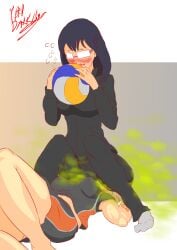 2girls black_hair blue_eyes blush dark_blue_hair facesitting fart fart_cloud fart_fetish farting farting_in_face glasses haikyuu!! licking_ass medium_hair multiple_girls open_mouth oral pervdarkling_(artist) rule_63 shimizu_kiyoko shoyo_hinata sweat volleyball yuri