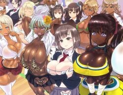 14girls alexis_(rebis) ass_cleavage big_breasts bikini_top bimbo blonde_hair blush butt_crack cheerleader cheerleader_uniform cleavage crowd curvy dark-skinned_female dark_hair dark_skin gyaru huge_breasts maaya_(rebis) midriff mina_(rebis) miniskirt multiple_girls original original_characters pale-skinned_female pale_skin pregnant rebis school_uniform schoolgirl seina_(rebis) sera_(rebis) take_your_pick tan_skin tisha_(rebis)