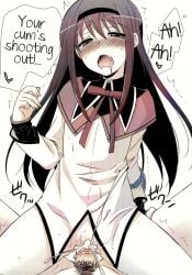 1boy 1girls ahe_gao akemi_homura black_hair blush clothed_female_nude_male colored crying cum cum_in_pussy cum_inside ejaculation english_text female hazuki_(etcxetc) long_hair looking_at_viewer mahou_shoujo_madoka_magica male moan moaning penis pleasure_face puella_magi_madoka_magica saliva translated vaginal vaginal_sex