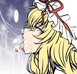 ... after_fellatio ahemaru blonde_hair cum cum_bubble cum_in_mouth cum_on_tongue facial female from_side hat hat_ribbon henriiku_(ahemaru) long_hair mob_cap nose_bubble open_mouth red_ribbon ribbon solo spoken_ellipsis tongue tongue_out touhou white_headwear yukari_yakumo