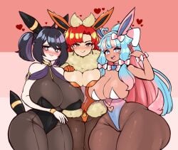 2021 alternate_breast_size amber_(jojoniumart) big_breasts black_hair breasts brown_eyes cleavage curvaceous curvy eeveelution female_focus female_only flareon_(cosplay) hips huge_breasts jojoniumart large_breasts leia_(jojoniumart) long_hair looking_at_viewer minari_(jojoniumart) pokemon pokemon_(cosplay) purple_eyes red_hair short_hair sylveon_(cosplay) thick_thighs thighs two_tone_eyes two_tone_hair umbreon_(cosplay) voluptuous wide_hips