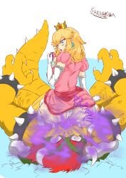 1boy 1girls @_@ ass_on_face big_ass big_butt blonde_hair blue_eyes blush bowser eating facesitting fart fart_cloud fart_fetish farting farting_in_face looking_back mario_(series) nintendo open_mouth panties pervdarkling_(artist) princess_peach super_mario_bros. white_panties