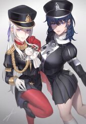 2022 2girls alternate_costume ass bangs blue_eyes blue_hair breasts byleth_(fire_emblem) byleth_(fire_emblem)_(female) cape edelgard_von_hresvelg female female_only fire_emblem fire_emblem:_three_houses garreg_mach_monastery_uniform gloves hair_ornament hair_ribbon hat highres long_hair long_sleeves looking_at_viewer multiple_girls nintendo pantyhose purple_eyes red_cape ribbon simple_background skirt smile source_larger tights toho10min uniform white_hair