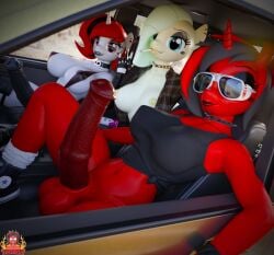 3d 3d_(artwork) anthro athletic_female athletic_futanari breasts car casual cigarette color colored eyewear female forsaken_(artist) forsaken_(character) full-package_futanari futa_focus futanari handwear lilith_(zajice) mercedes-benz my_little_pony my_little_pony_friendship_is_magic neckwear oc original_character ponytail public red_hair red_skin sunglasses wristwear