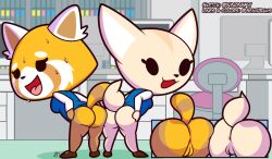 2girls aggressive_retsuko ailurid anthro anus ass_to_ass bodily_fluids breasts canid canine clothed clothing female female_only fennec fenneko fox fur furry furry_only genitals hi_res looking_at_viewer looking_back looking_back_at_viewer mammal no_underwear office_lady presenting presenting_anus presenting_hindquarters presenting_pussy pussy red_panda retsuko sanrio semirulalmite sweat tail take_your_pick