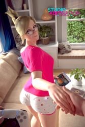 1girls 3d blizzard_entertainment blonde_hair crossover elden_ring eyewear female female_only fromsoftware gamer_girl glasses holding_hands imminent_gaming mercy overwatch playstation playstation_5 playstation_controller pov short_shorts shorts studioaberration wholesome