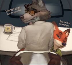 3boys ass blush bottomless butt_grab chief_bogo crossover disney english_text fox furry gay glasses gray_fur green_eyes levxrus male male_only mr._wolf_(the_bad_guys) nervous_smile nervous_sweat nick_wilde orange_fur police_officer sweat text the_bad_guys wolf yaoi yellow_sclera zootopia