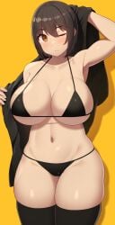 1girls 2022 bikini black_bikini breasts brown_eyes brown_hair female female_only hips huge_breasts looking_at_viewer original original_character samegami short_hair simple_background skindentation slim_waist thick_thighs thighhighs thighs undressing wide_hips